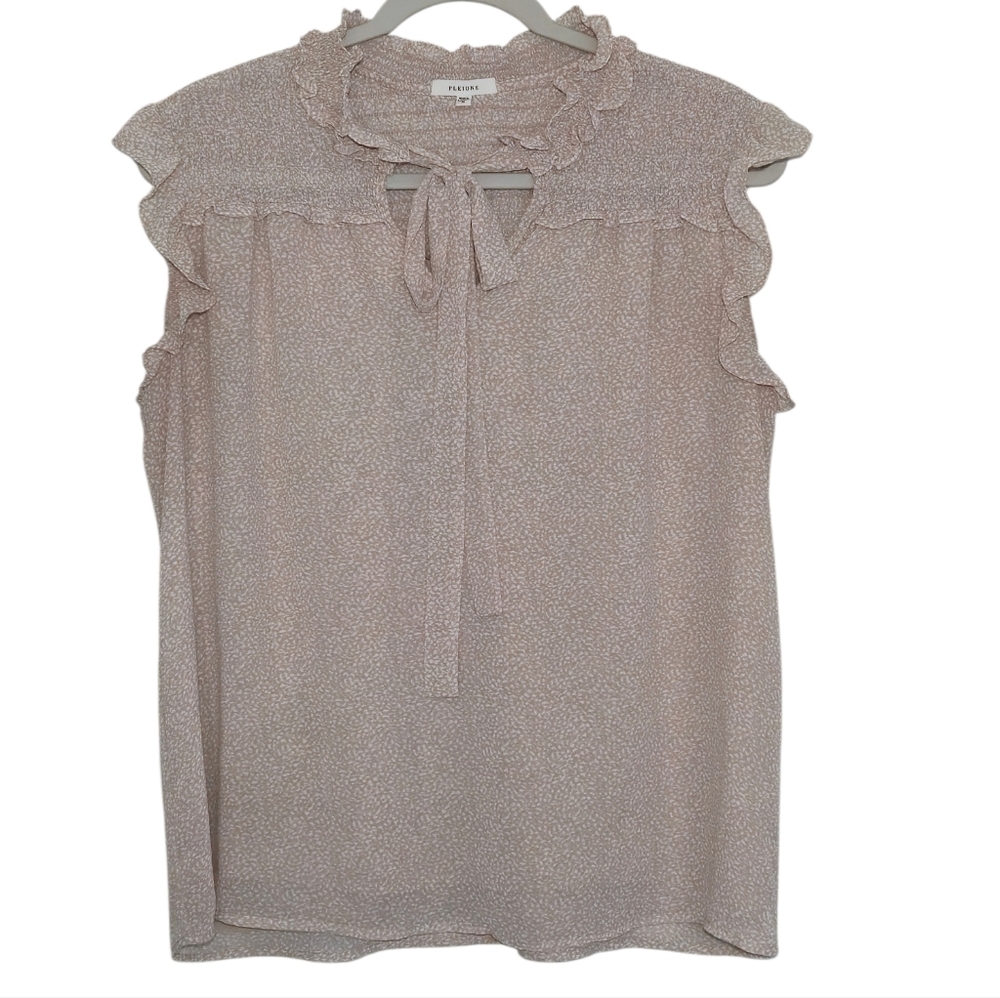 Pleione Ruffle Neck Tie Blouse Short Sleeve Neutral Print